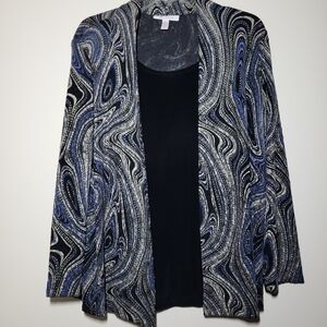 Sparkly Black, Blue, And Gold Patterned Long Sleeve "Two-piece" Blouse
